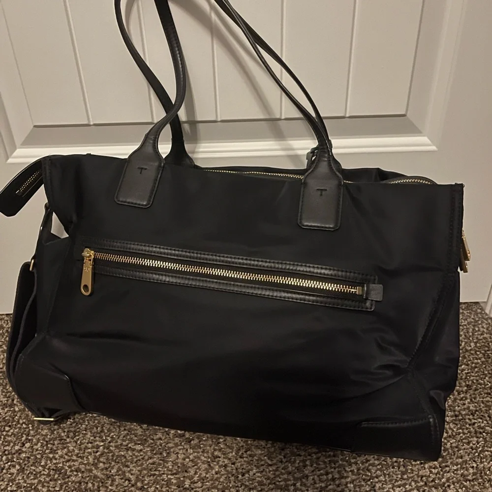 Tory Burch Black Nylon Tote with Green Leather Tag and Gold Logo Charm